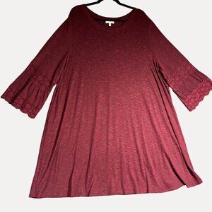 Maurices 3X Burgundy Bell Sleeve Plus Size Dress With Lace Trim Swing Dress